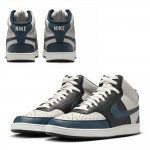 nike court vision mid мъжки високи маратонки в черно, бяло и синьо, преден и заден изглед