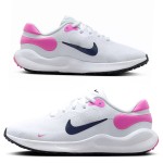 Страничен изглед на маратонки Nike Revolution 7 FB7689 103 с розова пета и мрежеста горна част